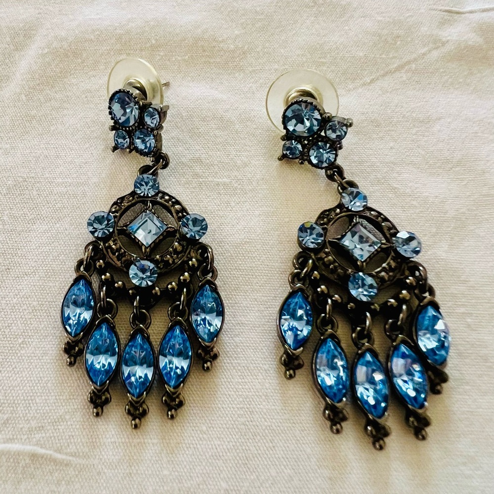 New / Chandelier Blue Rhinestone Earrings with Pushbacks